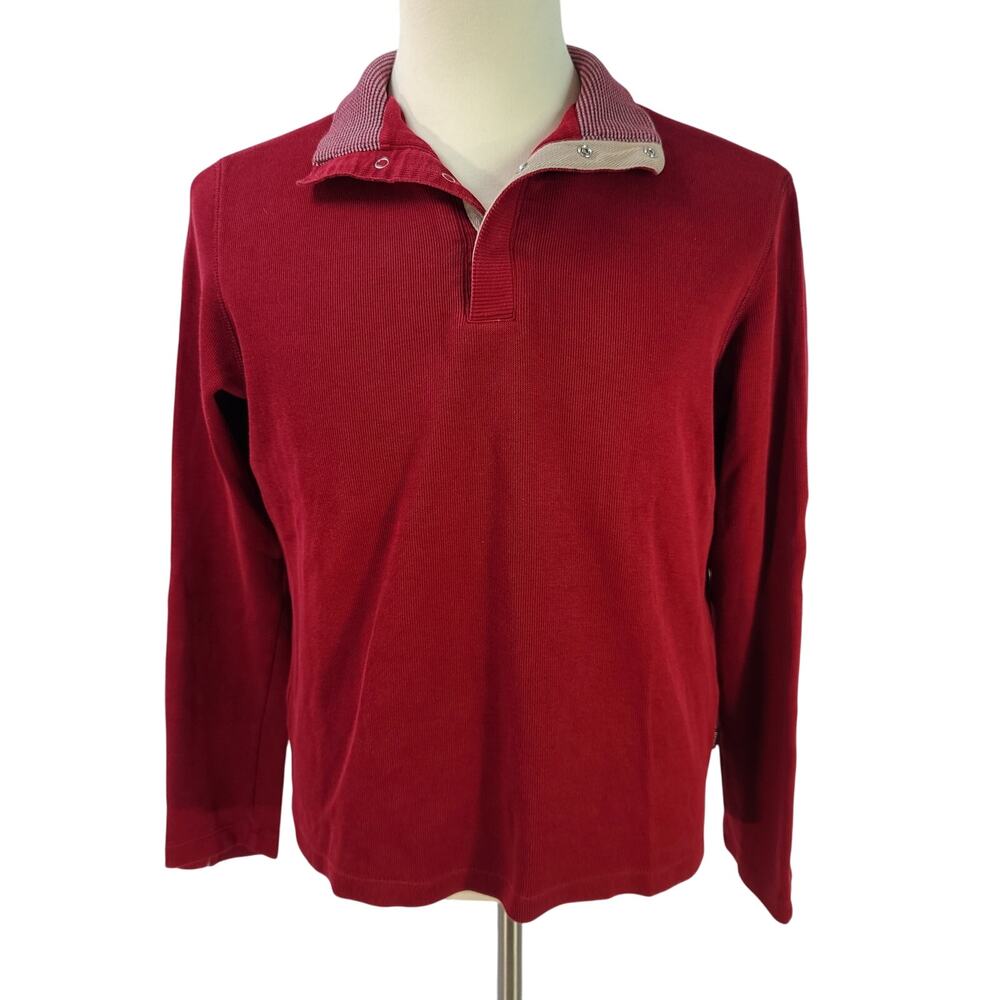 Hugo Boss Red Gray Rib Knit 1/4 Snap Long Sleeve Men's Sweater Regular Fit Med